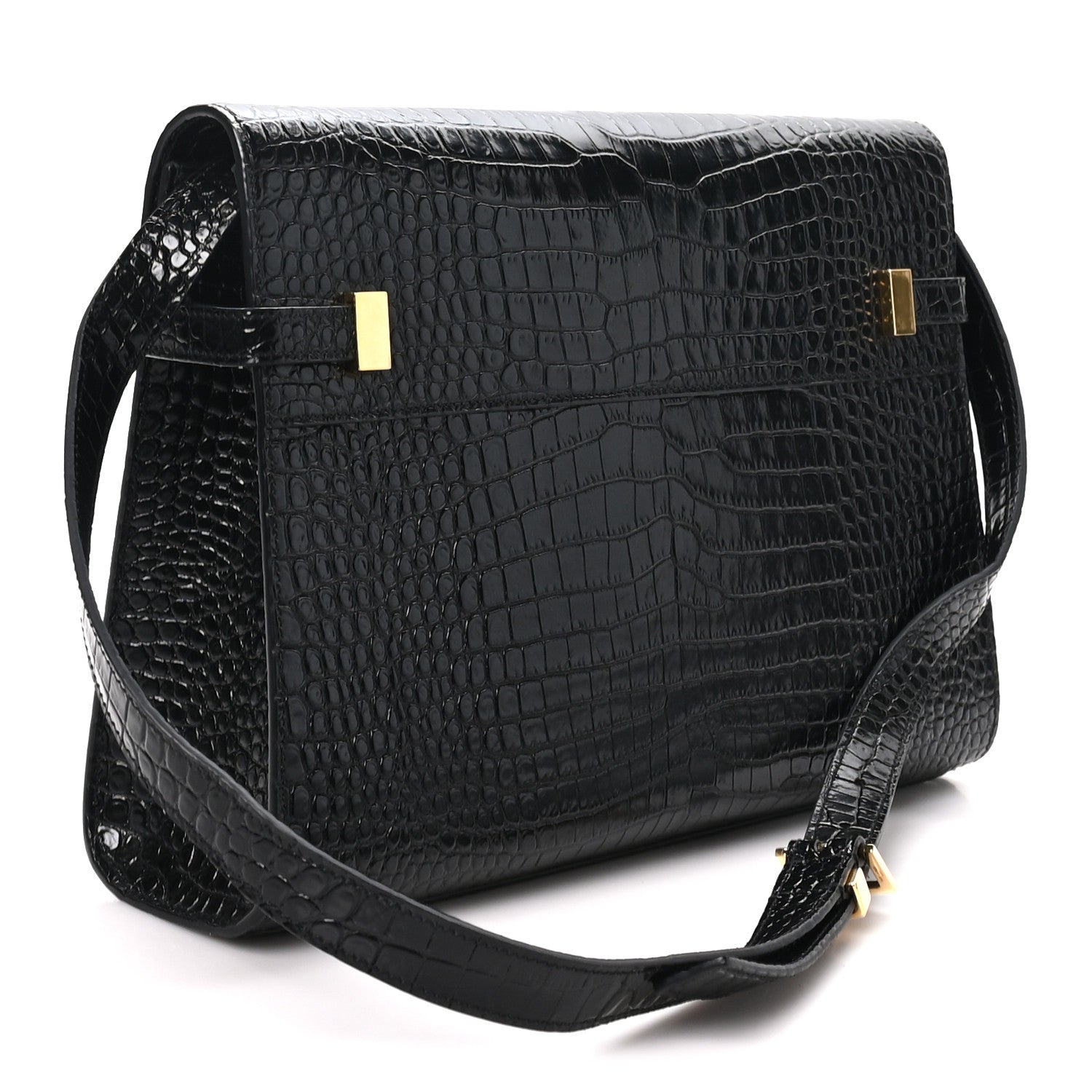 Saint Laurent Shiny Calfskin Crocodile Embossed Manhattan Baguette Black 3 of 9