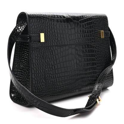 Saint Laurent Shiny Calfskin Crocodile Embossed Manhattan Baguette Black 3 of 9