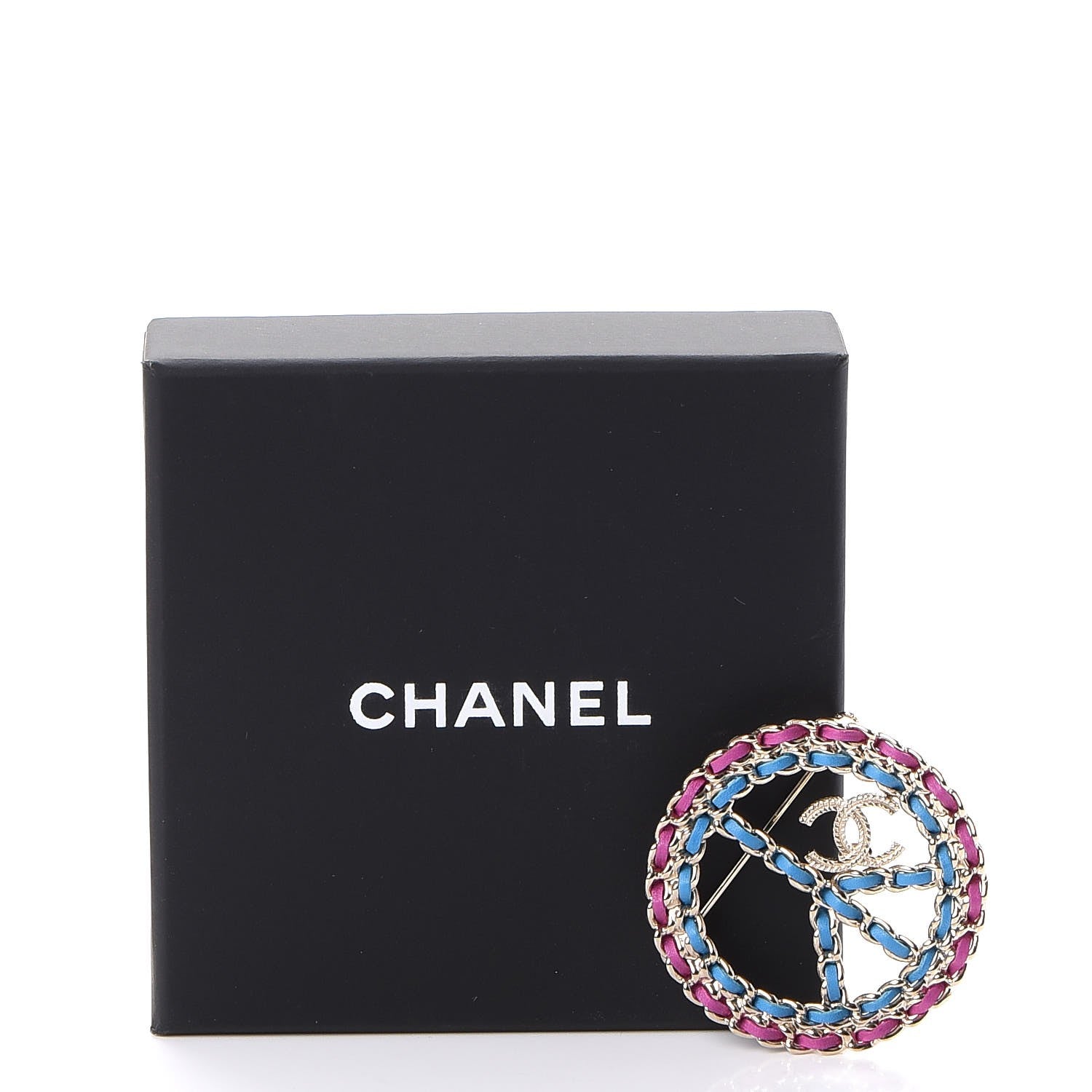 Chanel Metal Calfskin Braided Peace Sign CC Brooch Blue Purple Gold 5 of 5