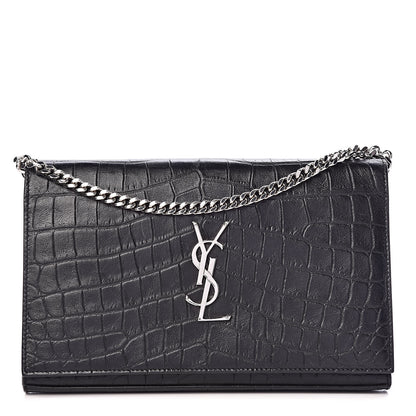 Saint Laurent Calfskin Crocodile Embossed Monogram Chain Wallet Black 1 of 11