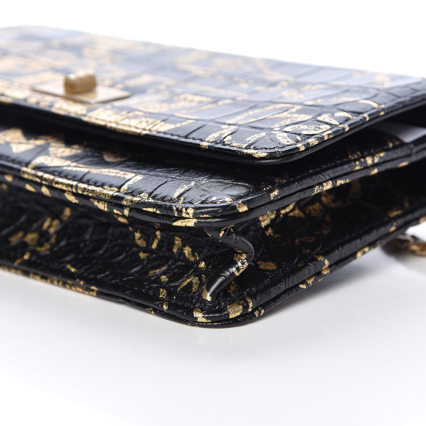 Calfskin Crocodile Embossed Graffiti 2.55 Cocodile Reissue Wallet On Chain WOC Black Gold
