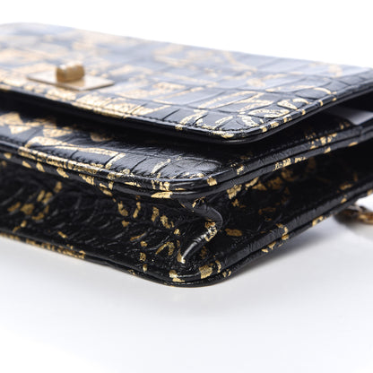 Chanel Calfskin Crocodile Embossed Graffiti 2.55 Cocodile Reissue Wallet On Chain WOC Black Gold 10 of 12