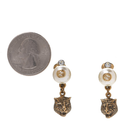 Gucci Metal Crystal Resin Pearl Feline Clip On Earrings Aged Gold 2 of 6