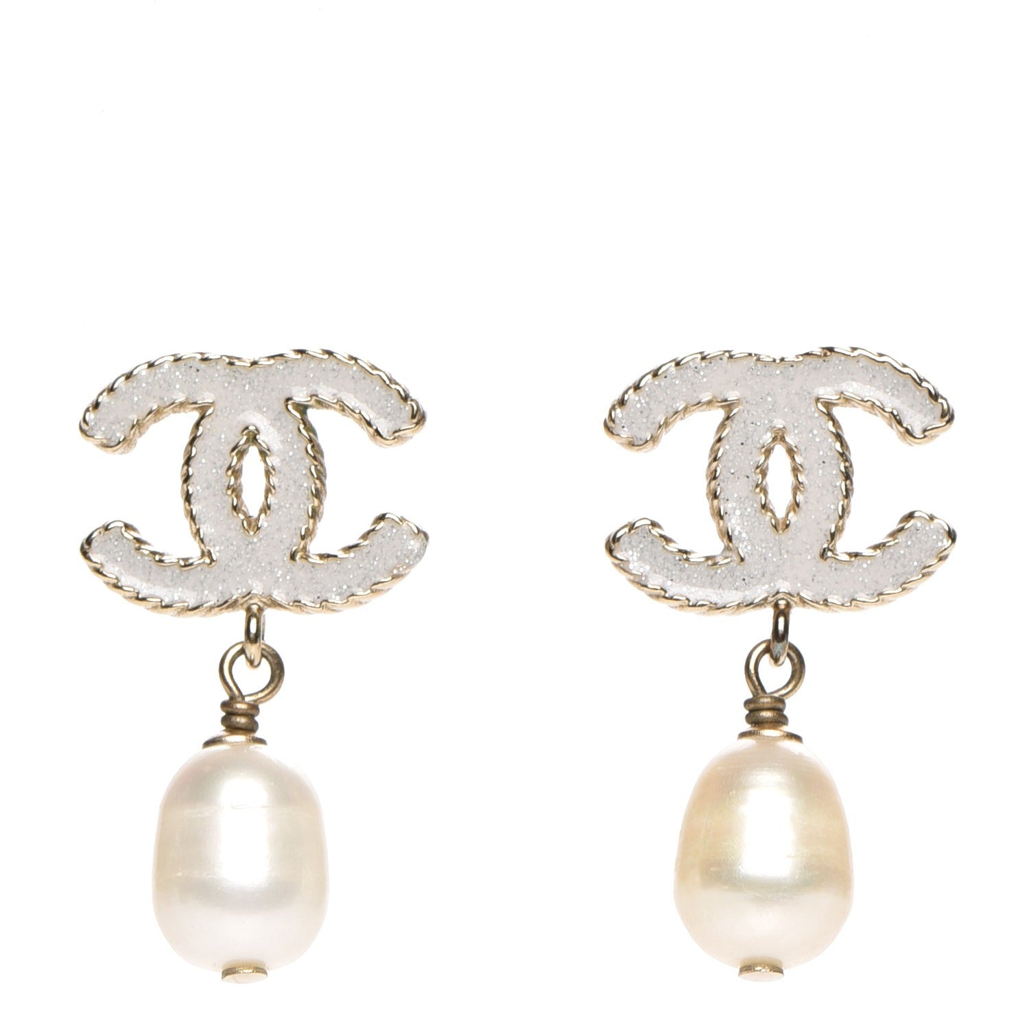 Chanel Glitter Enamel CC Pearl Drop Earrings Gold 1 of 5