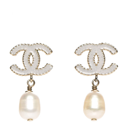 Chanel Glitter Enamel CC Pearl Drop Earrings Gold 1 of 5