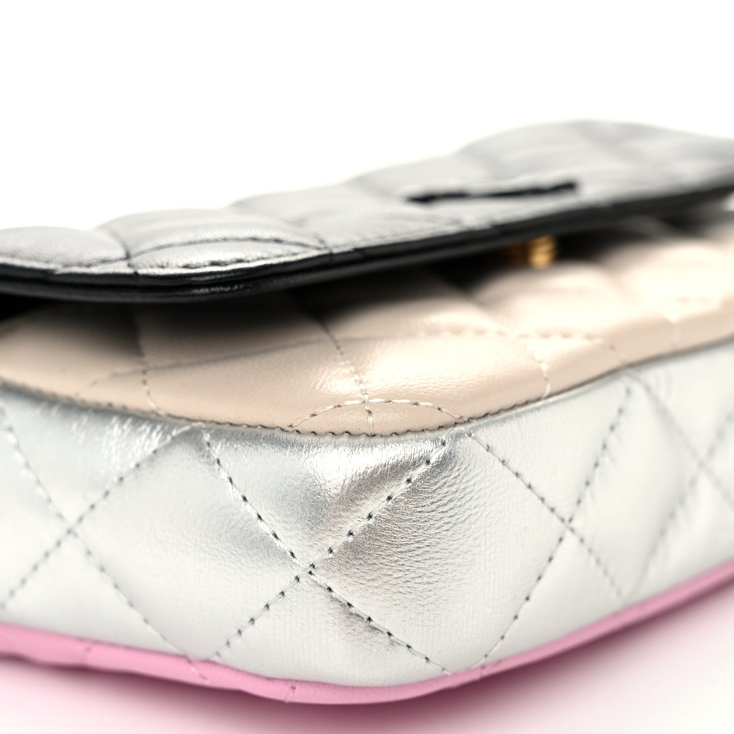 Lambskin Quilted Flap Phone Holder With Chain  Black Beige Multicolor