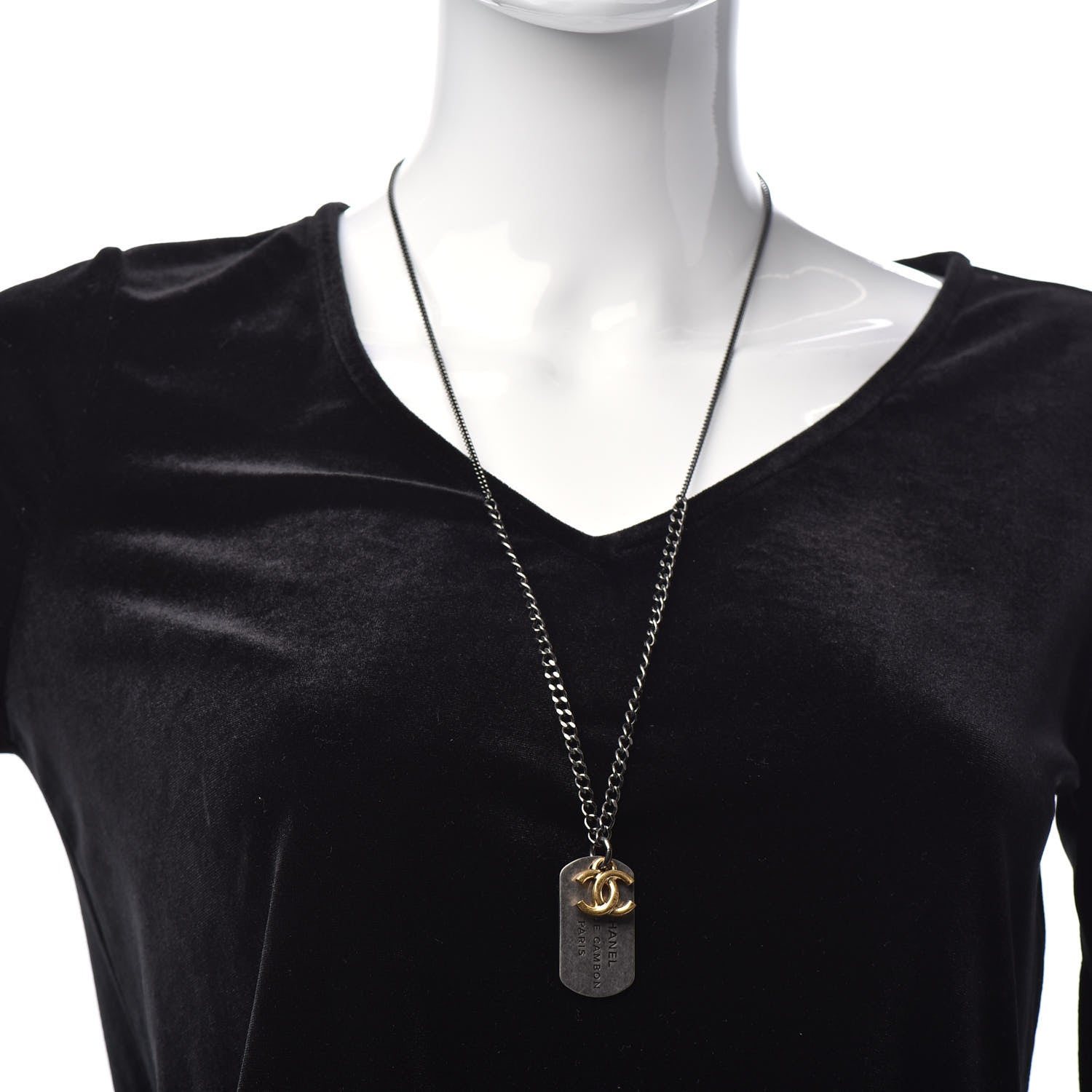 Chanel Ruthenium ID Dog Tag Charm Necklace Silver Gold 2 of 5