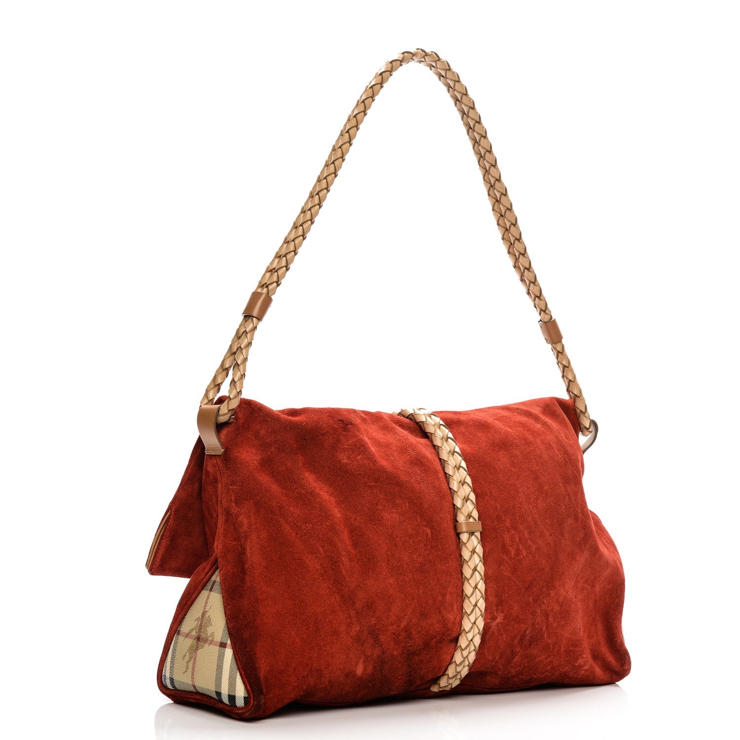 Burberry Suede Haymarket Check Horn Toggle Shoulder Bag Red 3 of 9
