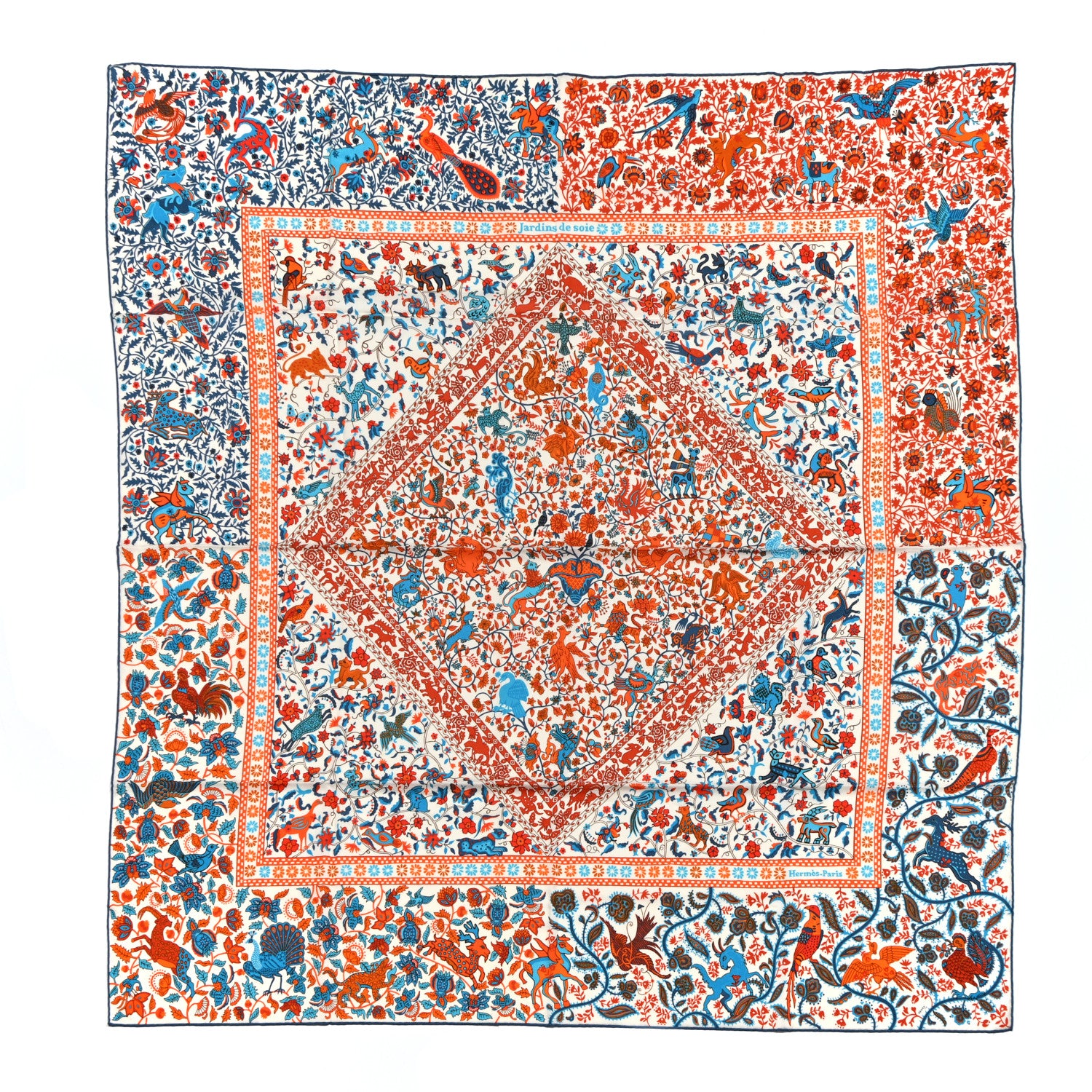 Hermes Cashmere Silk Jardins De Soie Shawl 140 Orange Cobalt Blanc 1 of 6