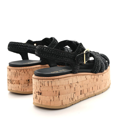 Prada Raffia Cork Metal Triangle Logo Crochet Fisherman Platform 75mm Sandals 39 Black 5 of 10