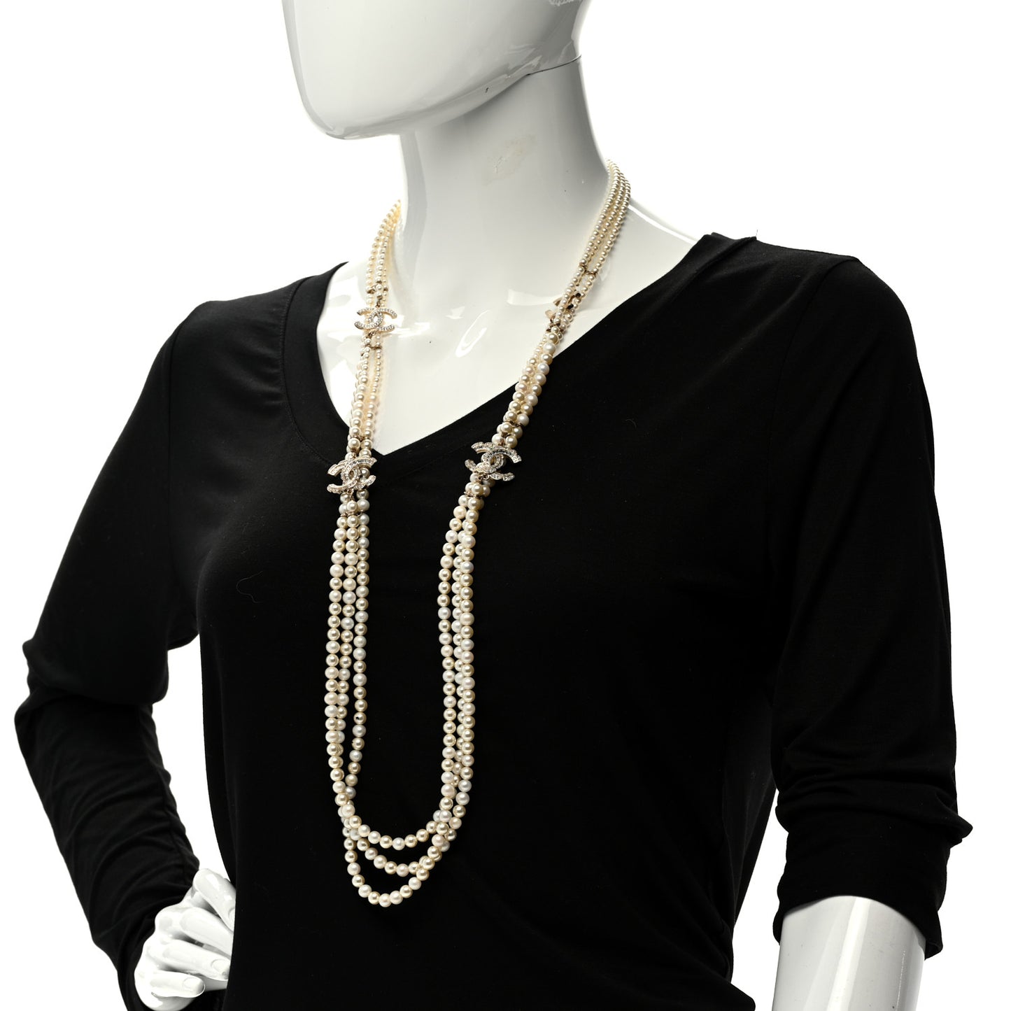 Pearl Crystal Baguette Multi Strand CC Necklace Gold