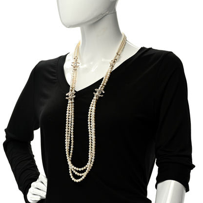 Chanel Pearl Crystal Baguette Multi Strand CC Necklace Gold 2 of 8
