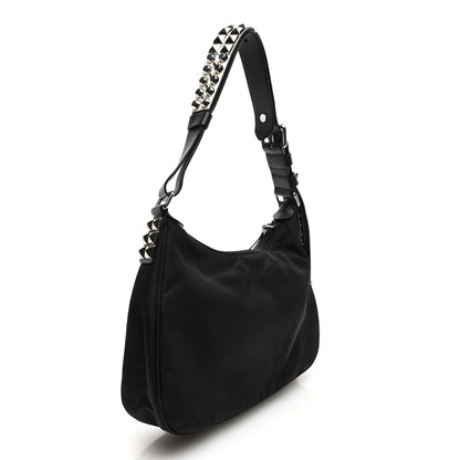 Prada Tessuto Nylon Studded New Vela Hobo Black White 3 of 11