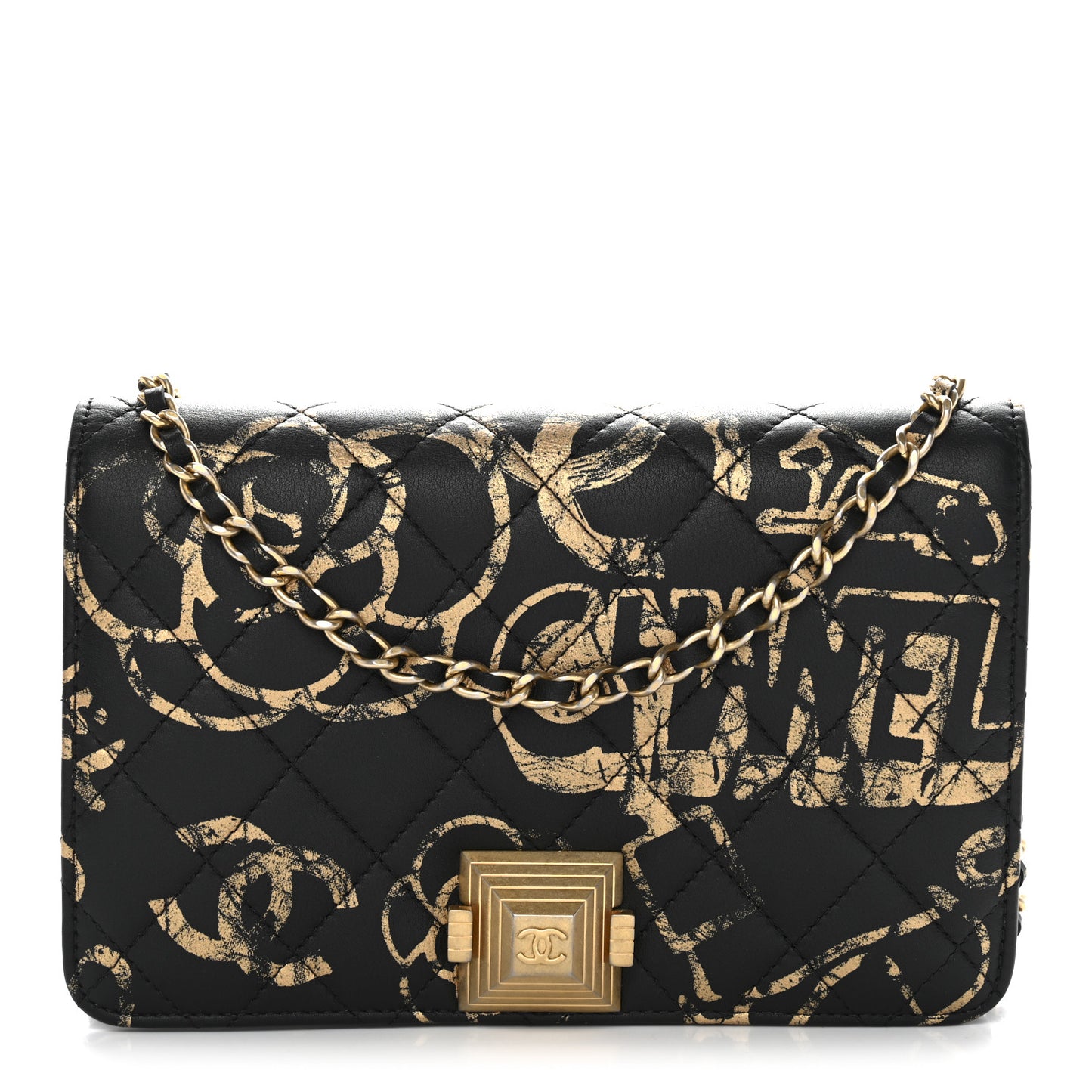 Calfskin Quilted Graffiti Pyramid Wallet On Chain WOC Black