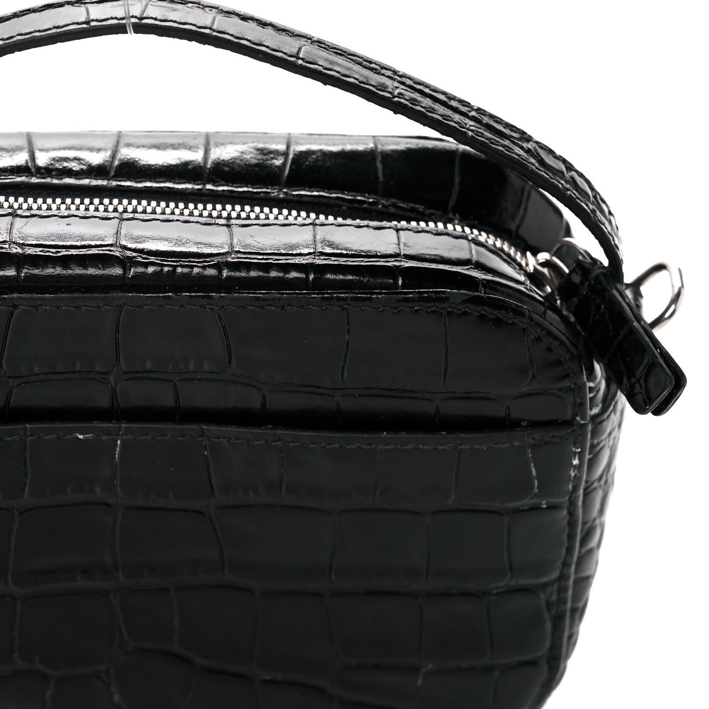 Shiny Calfskin Logo Crocodile Embossed XS Everyday Camera Bag with Handle Black