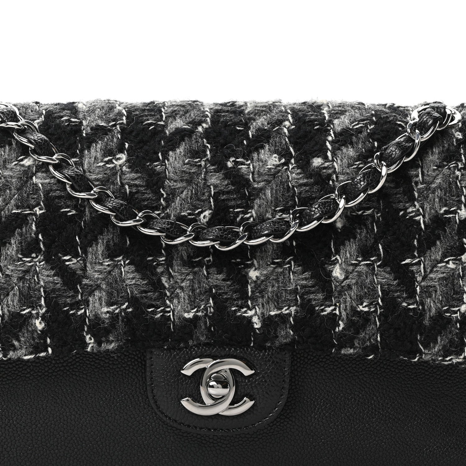 Chanel Caviar Tweed Houndstooth Quilted Medium Double Flap Black Grey 8 of 10