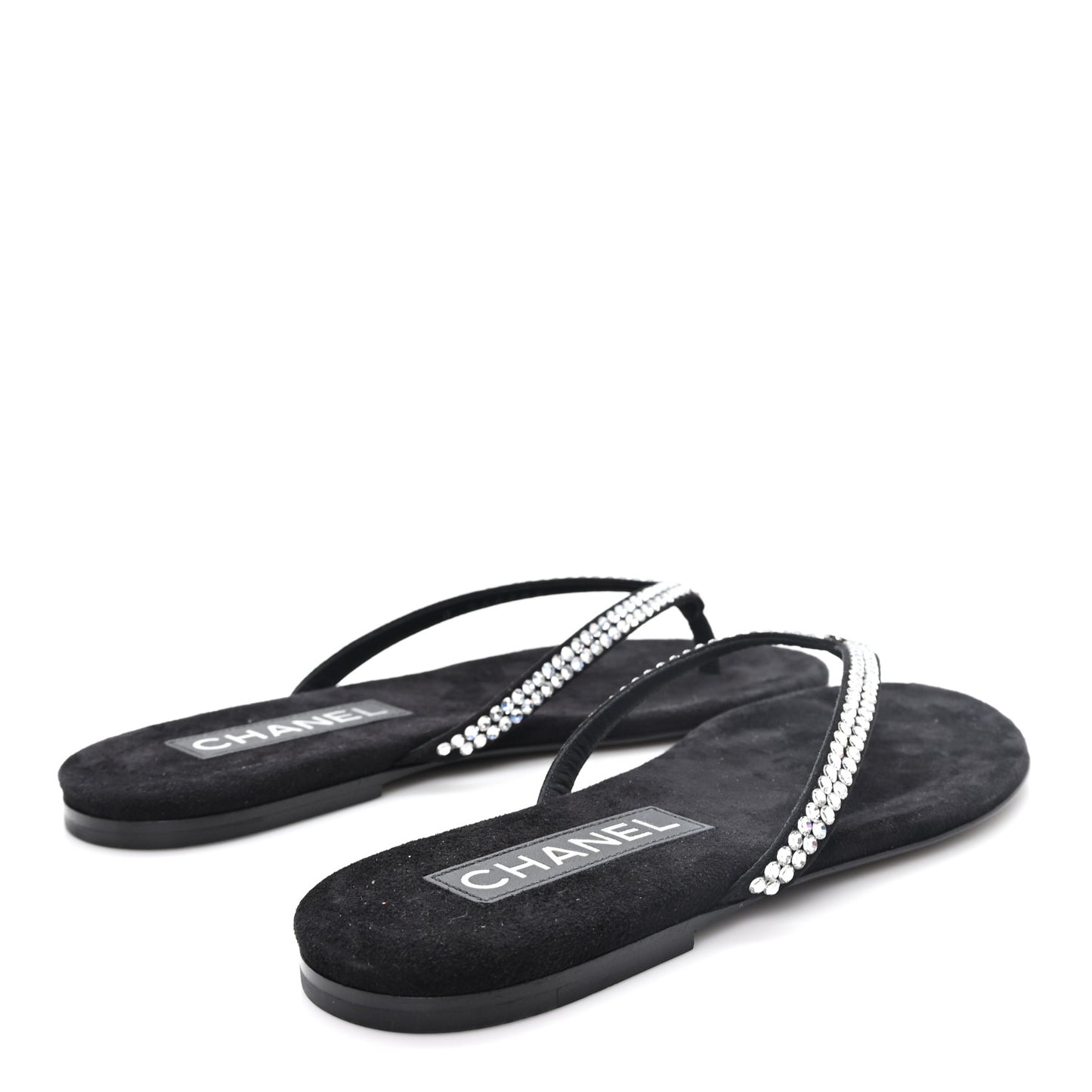 Suede Kidskin Strass CC Thong Sandals 36 Black