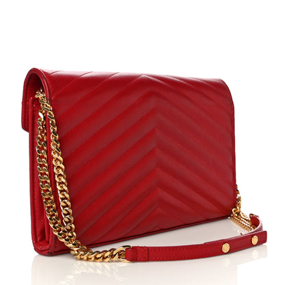 Saint Laurent Grain De Poudre Matelasse Chevron Monogram Chain Wallet New Red 3 of 21