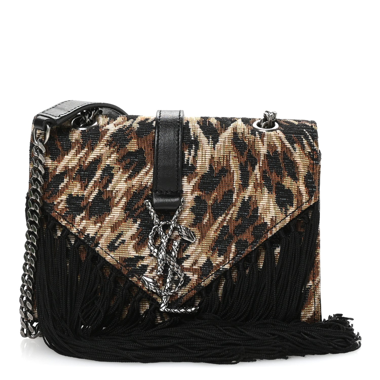 Saint Laurent Canvas Leopard Print Fringe Baby Monogram Satchel Black Multicolor 1 of 10