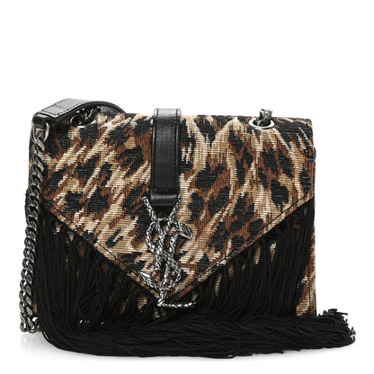 Saint Laurent Canvas Leopard Print Fringe Baby Monogram Satchel Black Multicolor 1 of 10