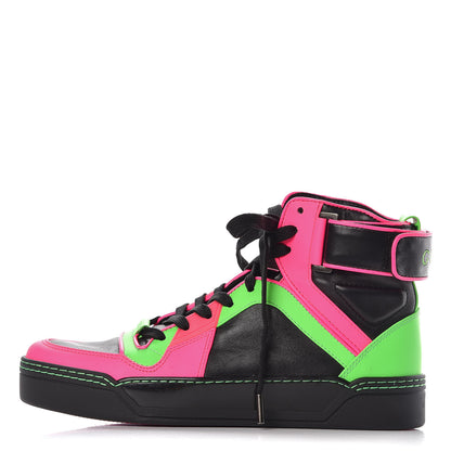 Gucci Calfskin Mens Neon High Top Sneakers 38.5 Black Pink Green 1 of 8