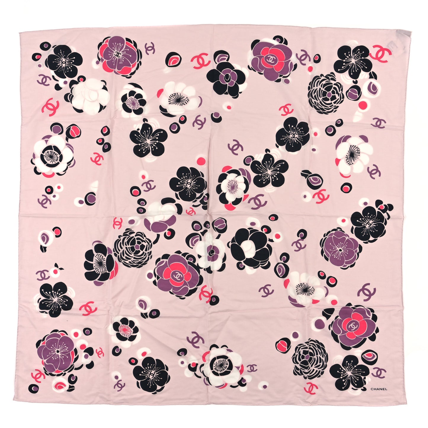 Cotton Silk CC Camellia Square Scarf Light Pink Black