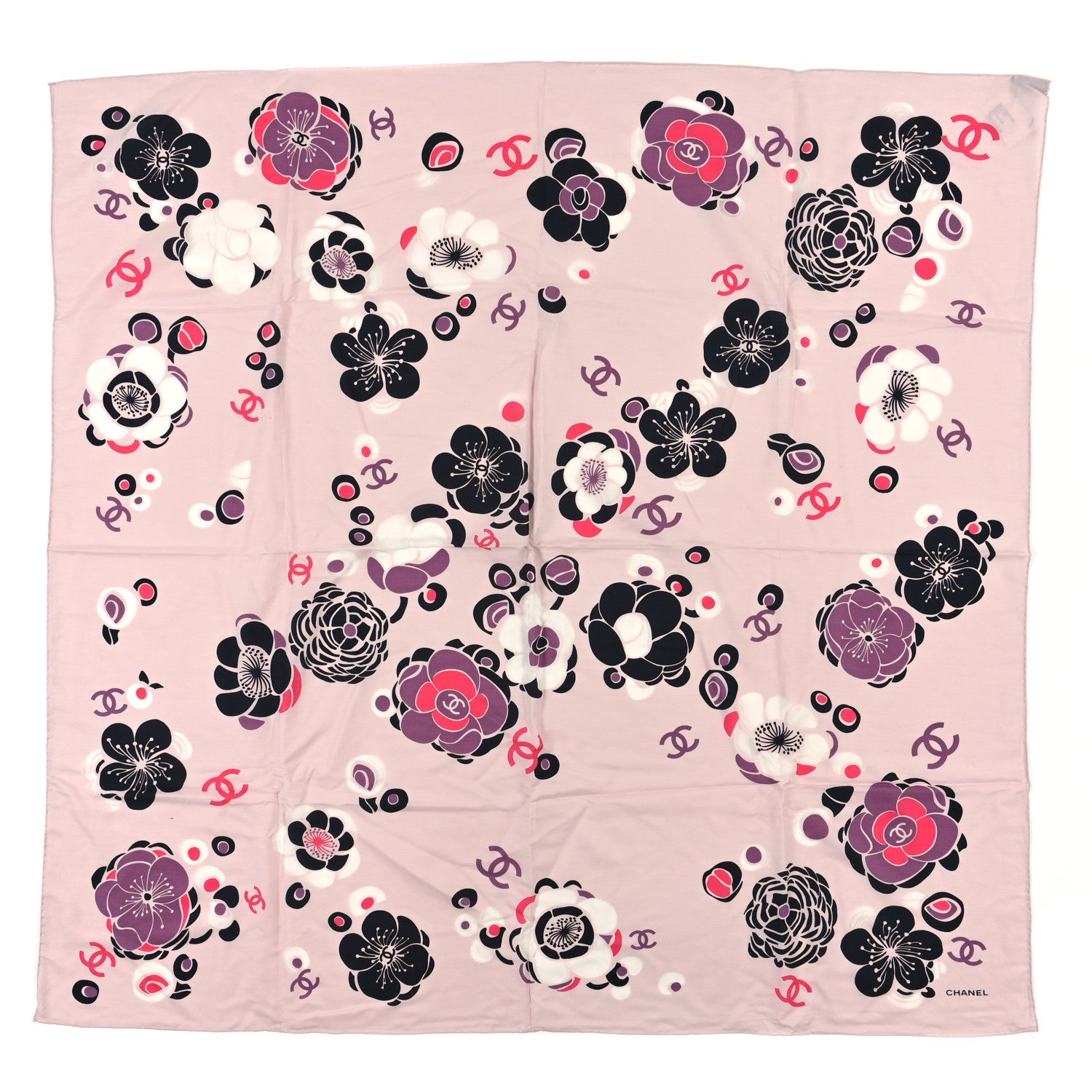 Chanel Cotton Silk CC Camellia Square Scarf Light Pink Black 1 of 3
