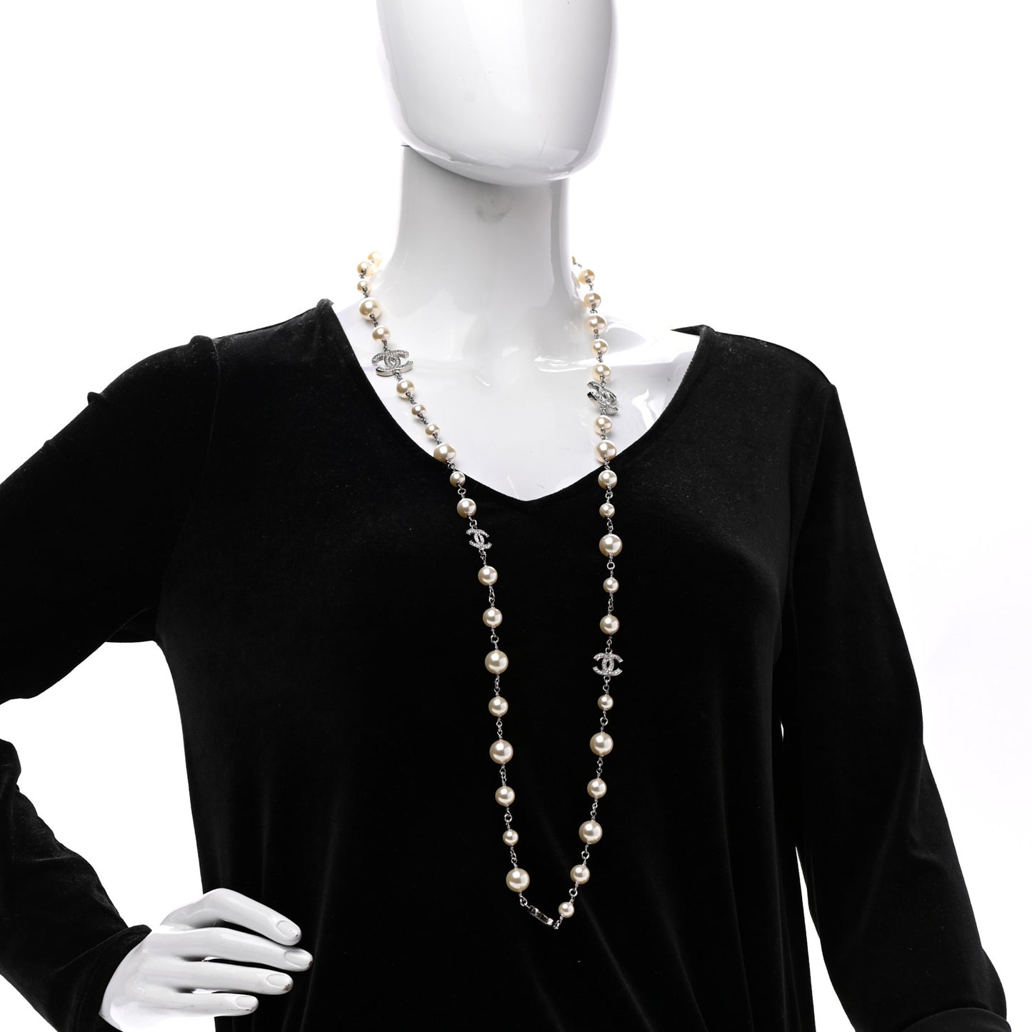 Graduated Pearl Crystal CC Long Necklace Silver