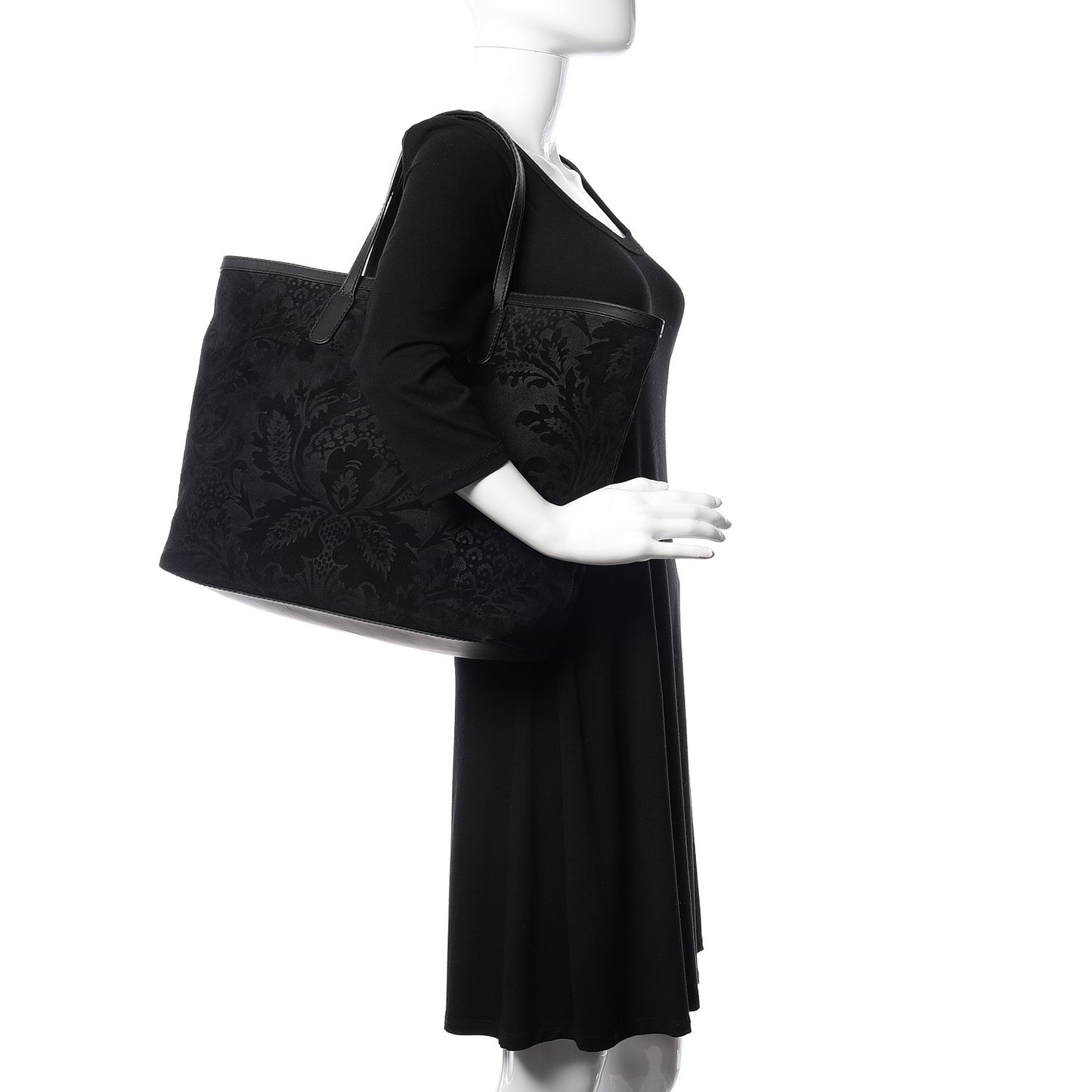 Nubuck Brocade Medium Soft Stirrup Tote Black