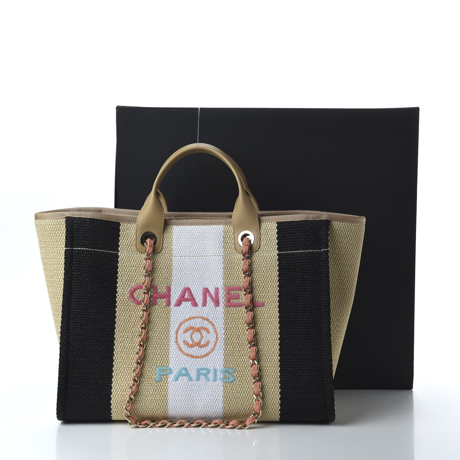 Chanel Straw Raffia Calfskin Striped Medium Deauville Tote Black