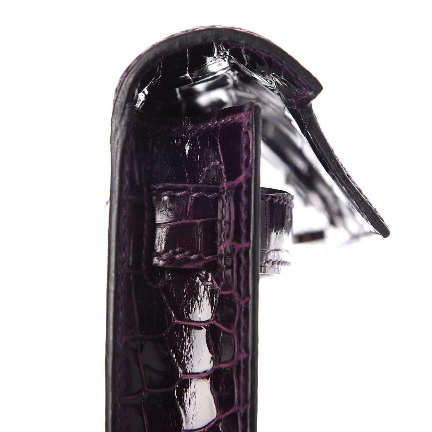 Shiny Porosus Crocodile Kelly Cut Pochette Aubergine