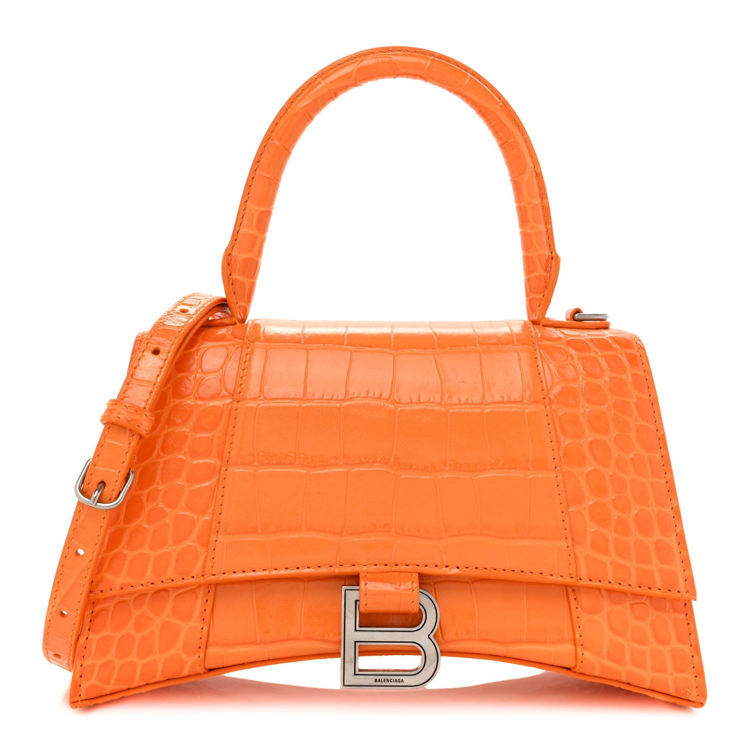 Balenciaga Shiny Calfskin Crocodile Embossed Small Hourglass Top Handle Bag Pop Orange 1 of 15
