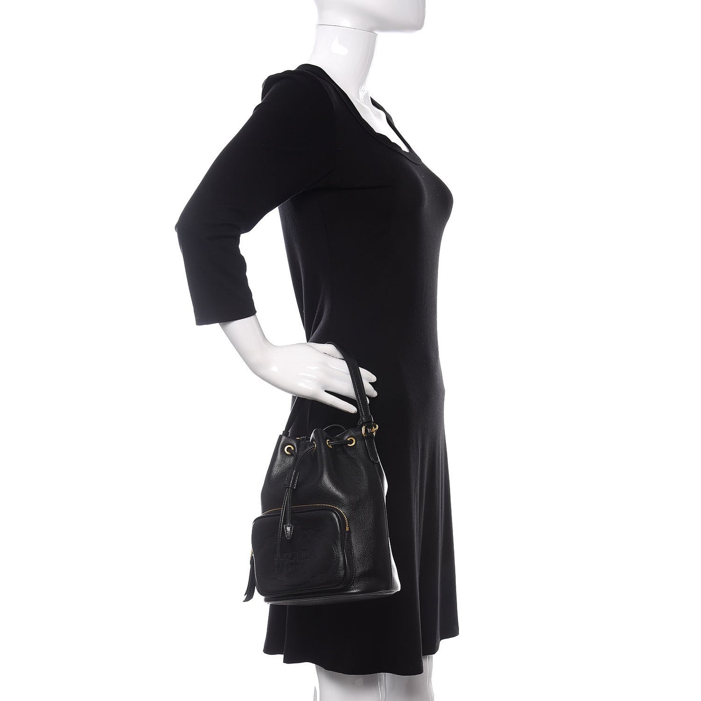 Glace Calfskin Embossed Secchiello Bucket Bag Black