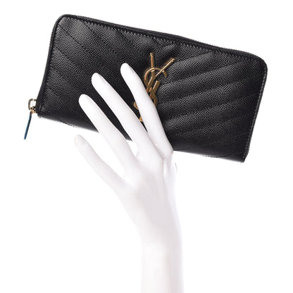 Saint Laurent Grain De Poudre Matelasse Chevron Monogram Zip Around Wallet Black 2 of 7