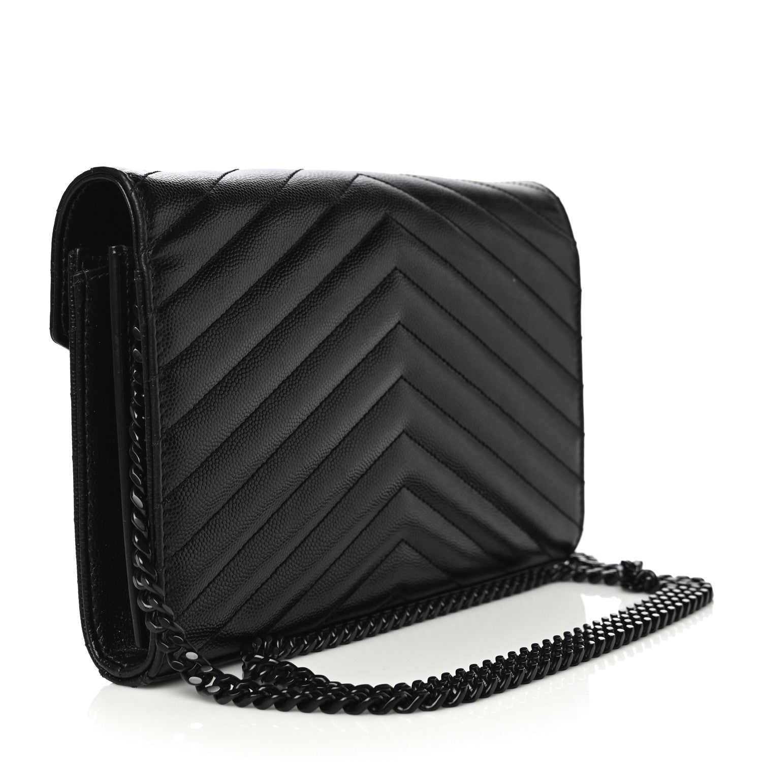 Saint Laurent Grain De Poudre Matelasse Chevron Monogram Chain Wallet Black 3 of 17