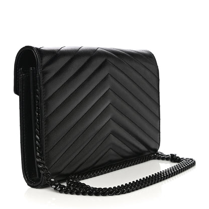 Saint Laurent Grain De Poudre Matelasse Chevron Monogram Chain Wallet Black 3 of 17