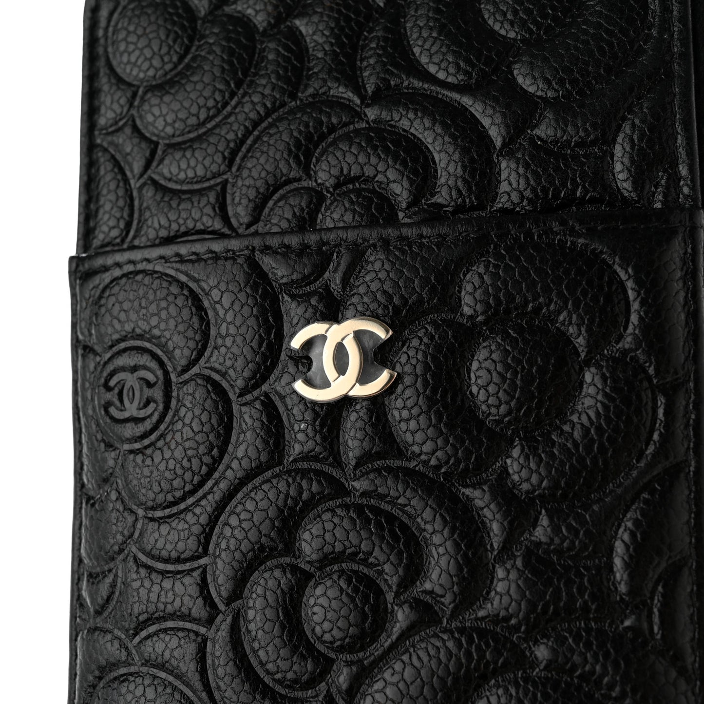 Caviar Camellia Embossed Classic Flat Wallet Pouch Black