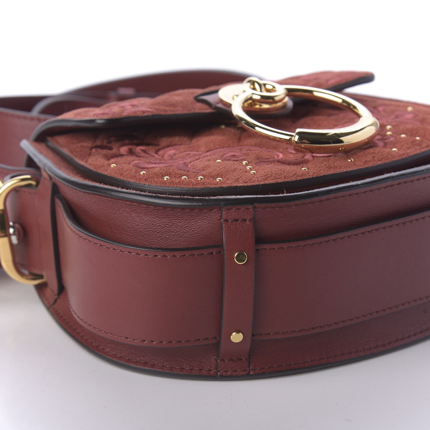 Suede Calfskin Quilted Embroidered Small Tess Saddle Bag Reddish Brown