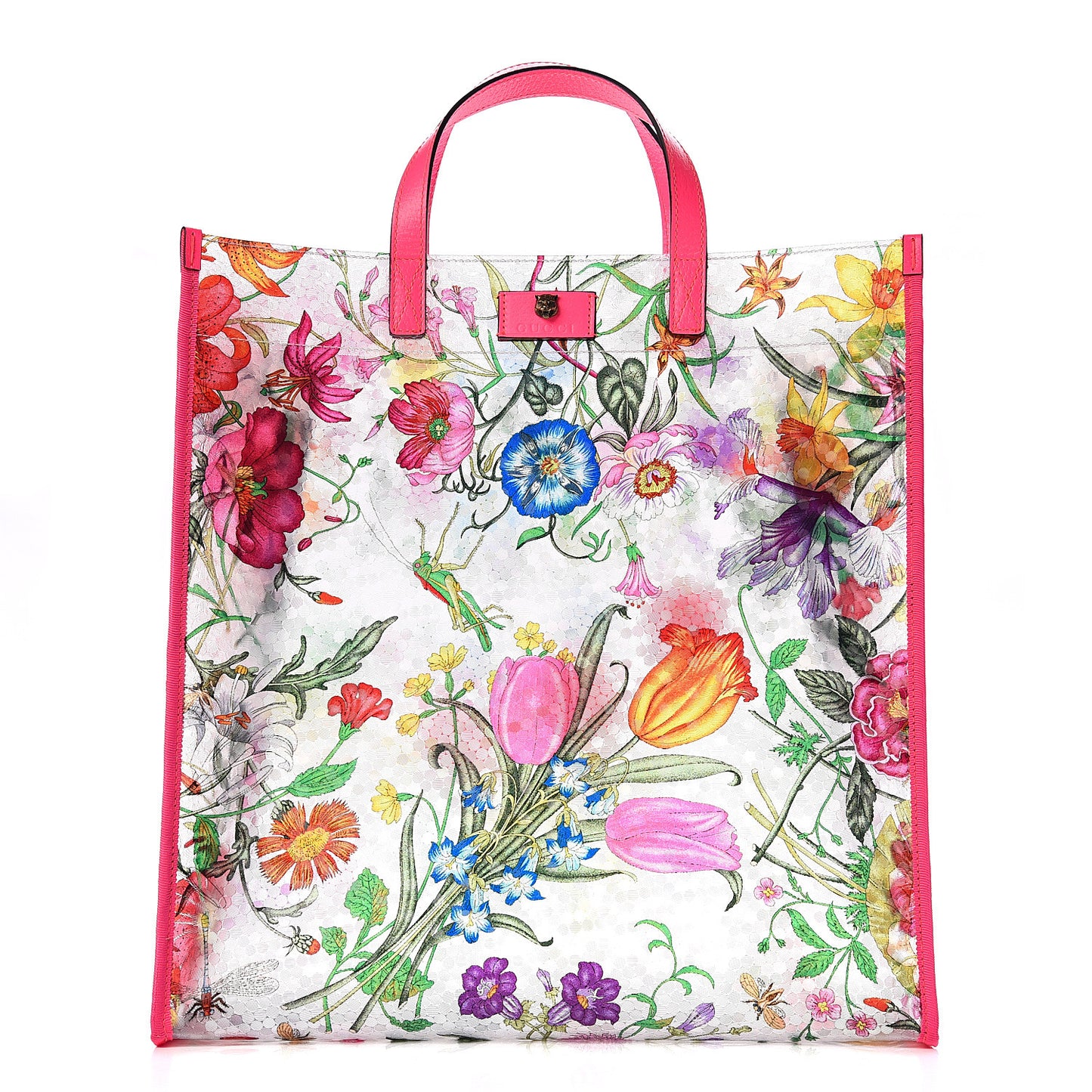 Calfskin Textured Vinyl Print Flora Tote Fluorescent Fuchsia