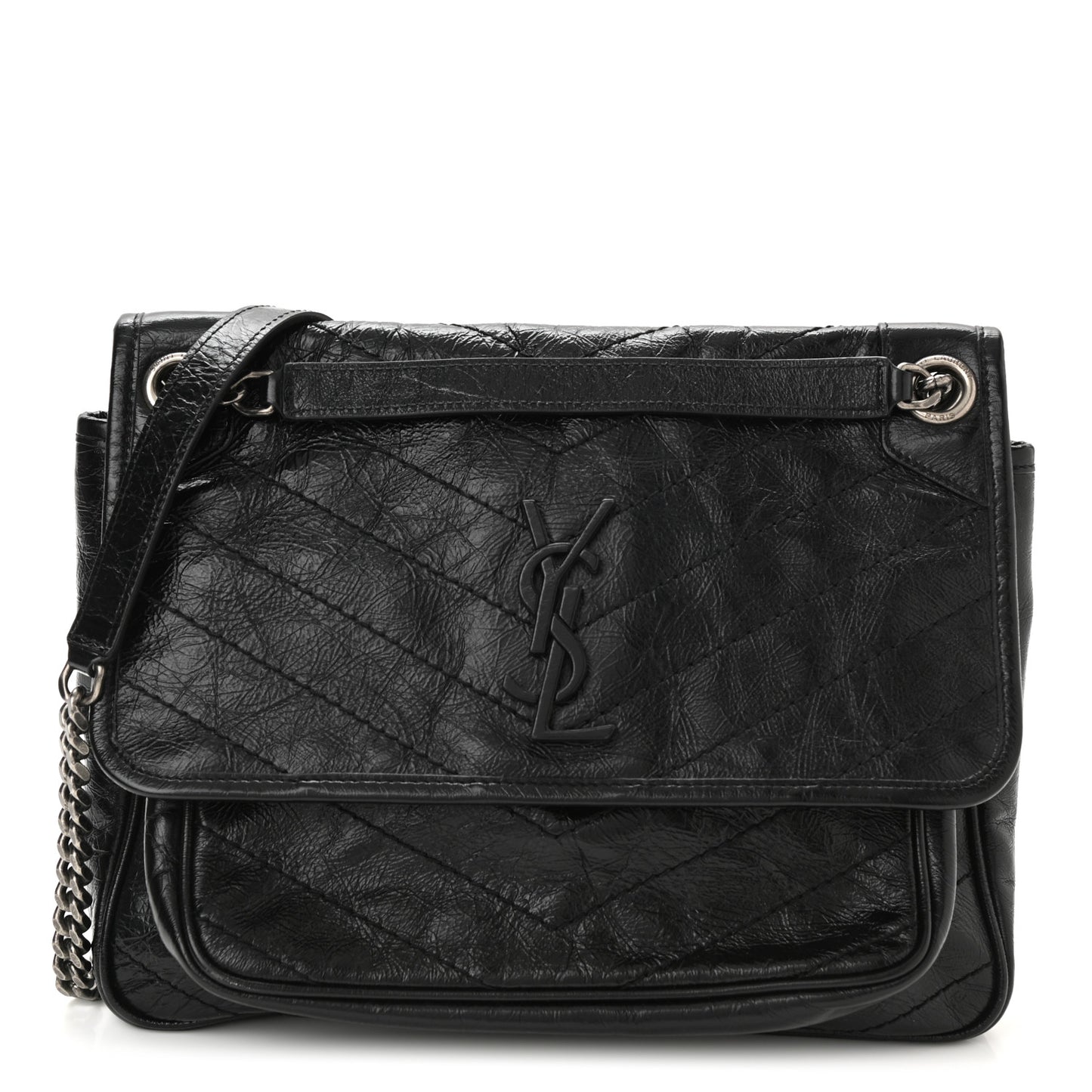 Crinkled Calfskin Matelasse Monogram Medium Niki Chain Satchel Black