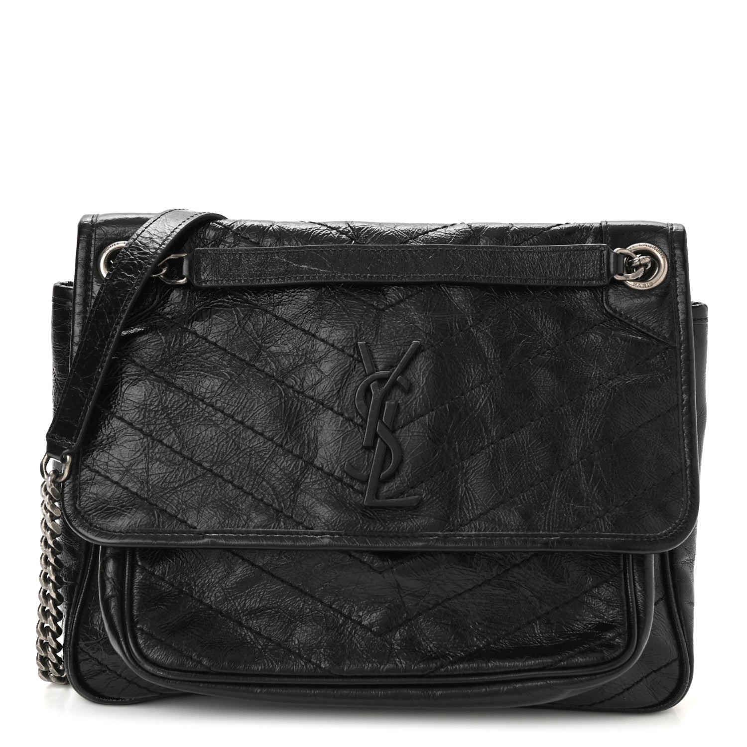 Saint Laurent Crinkled Calfskin Matelasse Monogram Medium Niki Chain Satchel Black 1 of 10