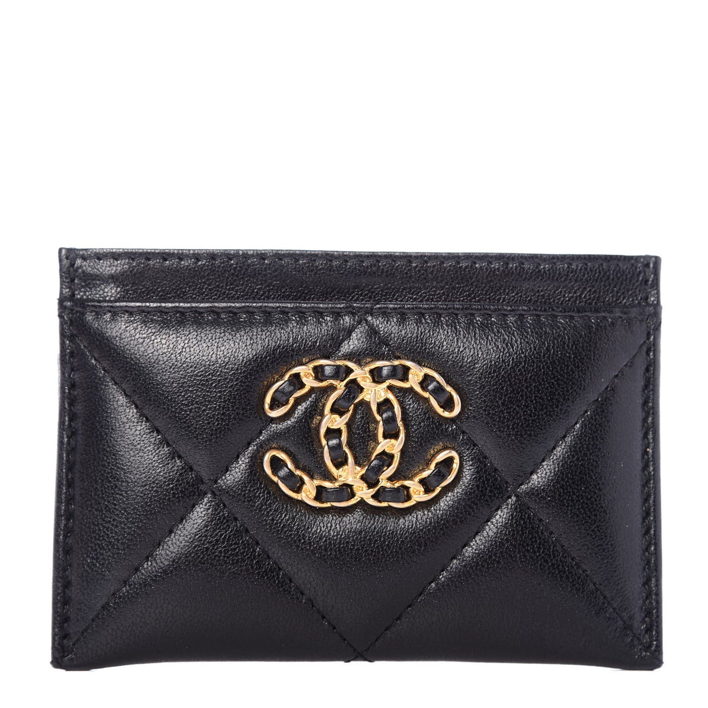 Shiny Goatskin Quilted Chanel 19 Card Holder Black