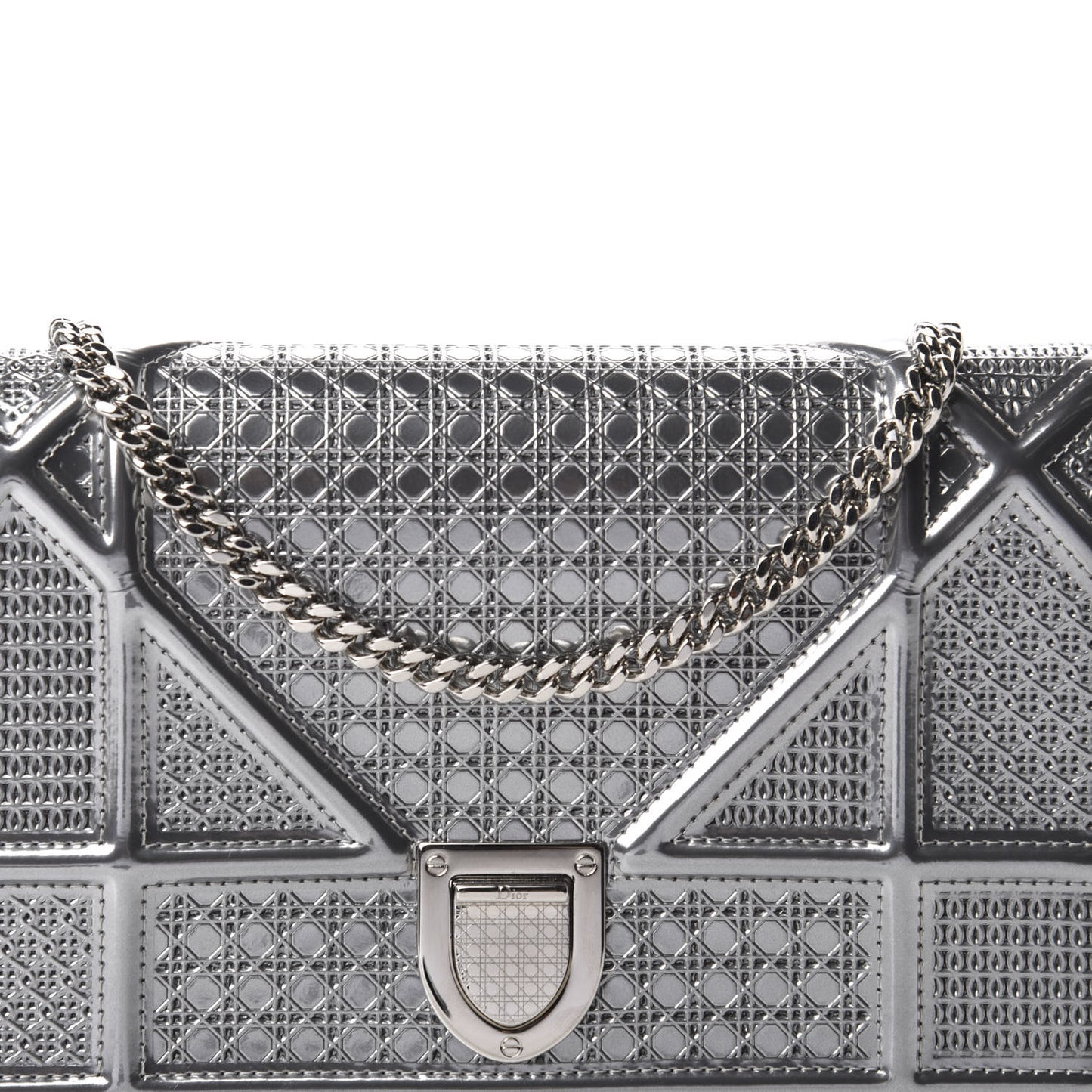 Metallic Patent Micro-Cannage Diorama Wallet on Chain Pouch Silver