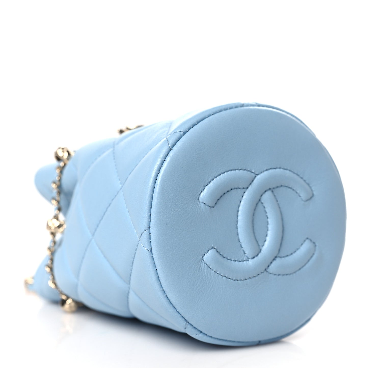 Lambskin Quilted Mini Drawstring Bucket Bag With Chain Light Blue