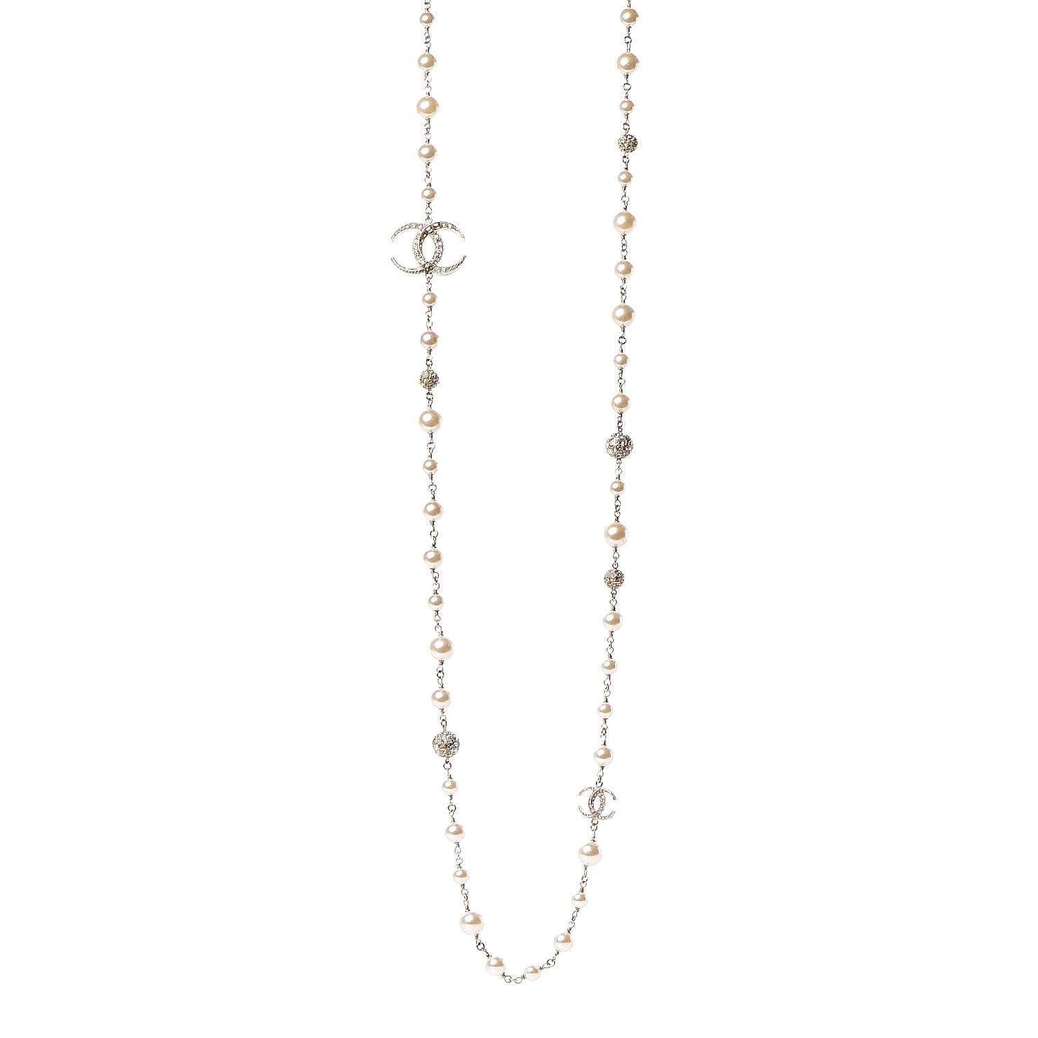 Chanel Pearl Baguette Crystal CC Moon Long Necklace Light Gold 1 of 7