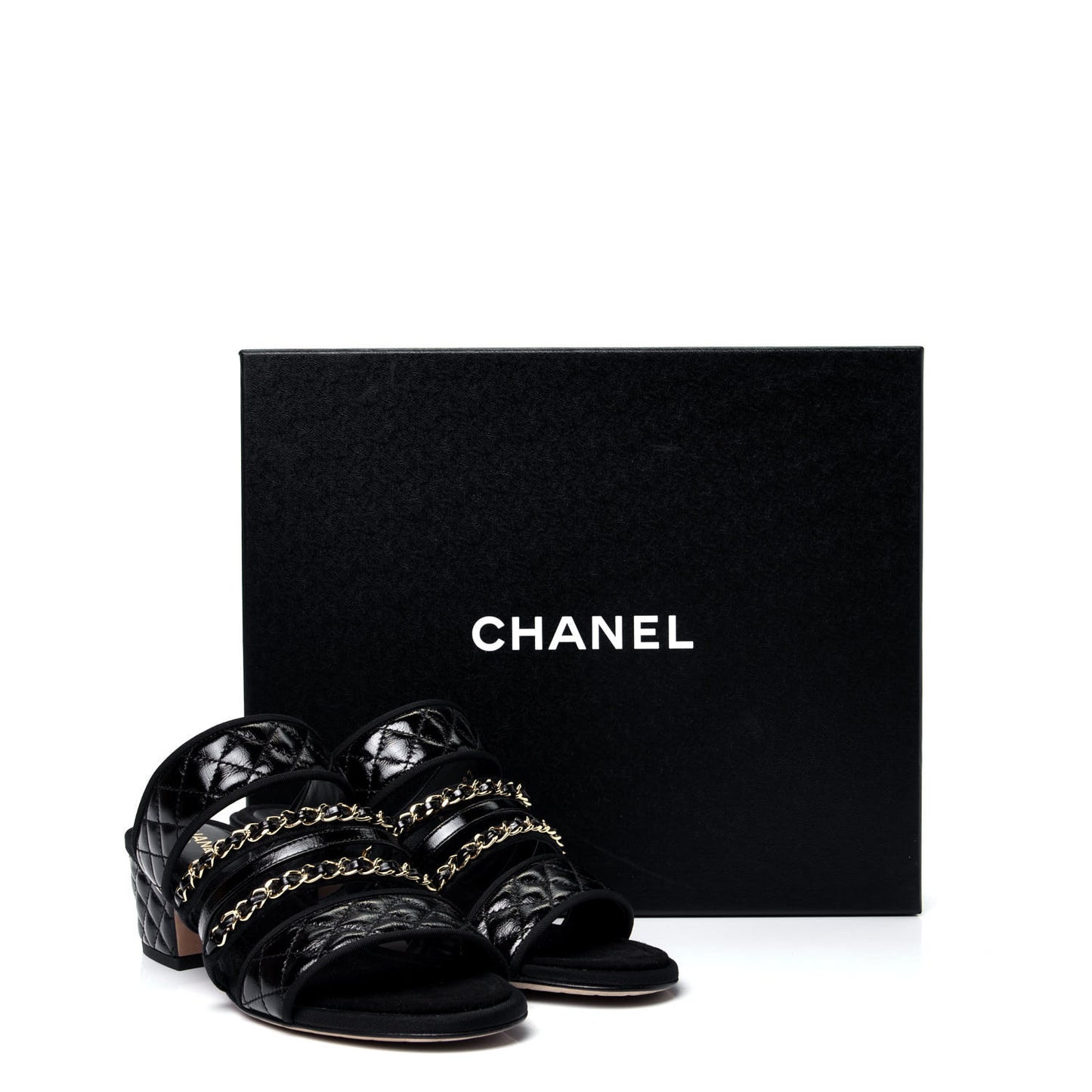 Distressed Patent Quilted Chain Mule Sandals 37 Black