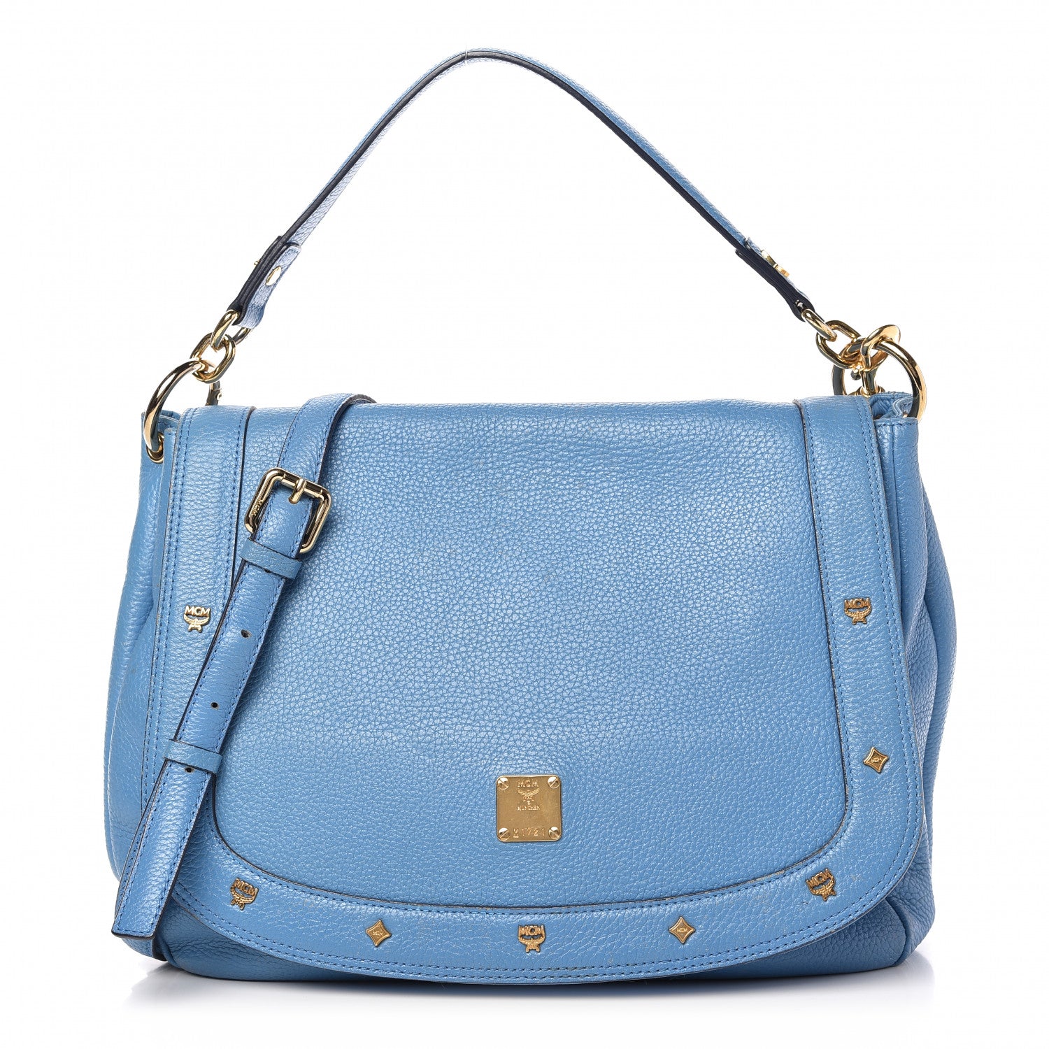 MCM Calfskin Studded Shoulder Bag Blue 1 of 12