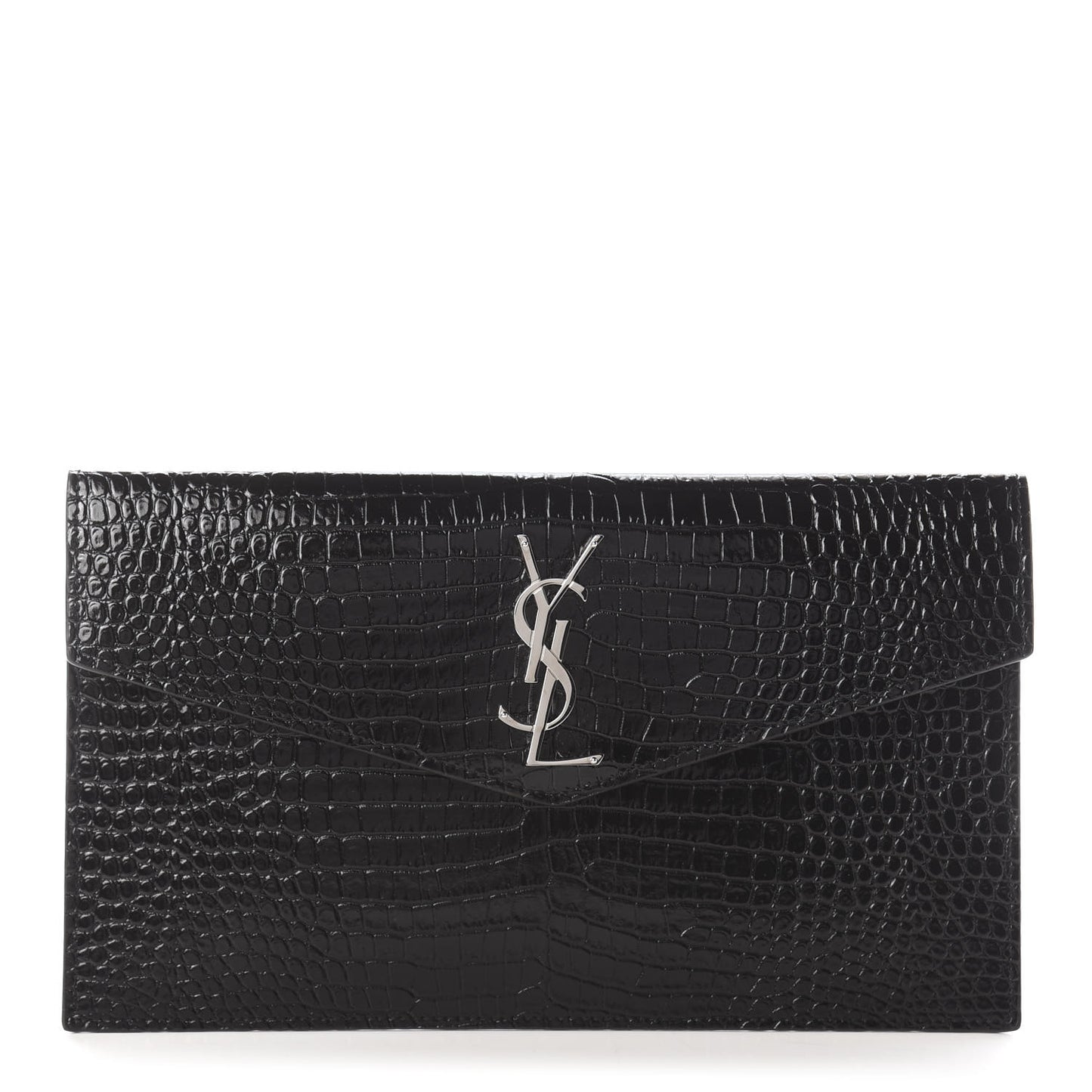 Calfskin Crocodile Embossed Uptown Monogram Clutch Black