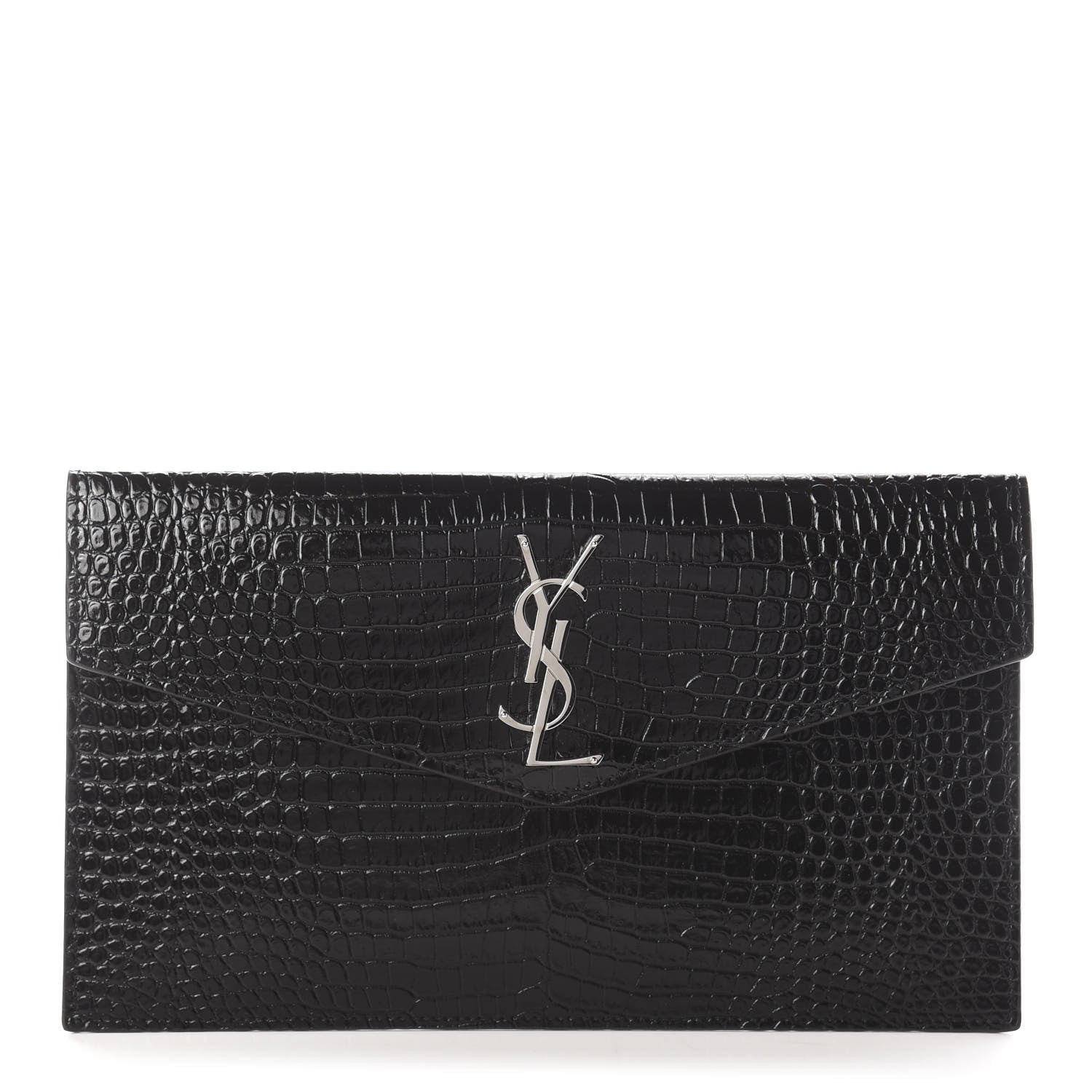 Saint Laurent Calfskin Crocodile Embossed Uptown Monogram Clutch Black 1 of 5