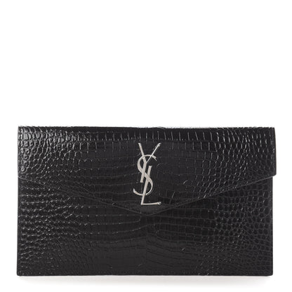 Saint Laurent Calfskin Crocodile Embossed Uptown Monogram Clutch Black 1 of 5